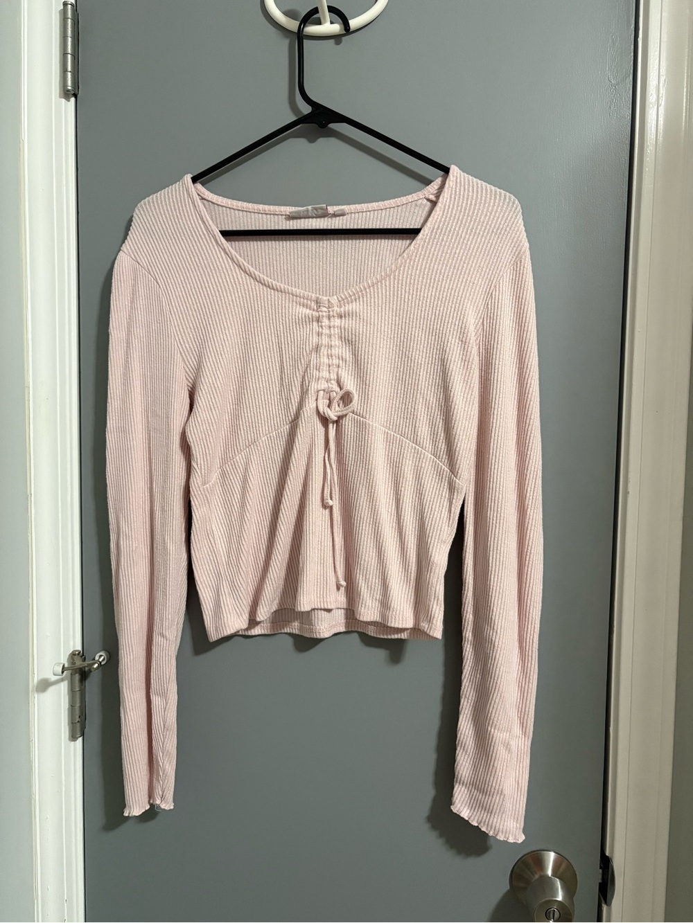 SO Light Pink Ribbed V-Neck Long Sleeve Top with Front Drawstring
